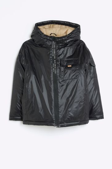 Buy River Island Black Boys High Shine Mid Weight Coat from Next