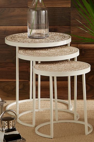 Pacific Antique White And Cream Wood And Iron Set of 3 Side Tables