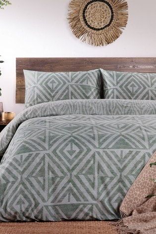 furn. Sage Green Tanza Global Geometric Reversible Duvet Cover and Pillowcase Set