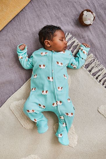 JoJo Maman Bébé Blue Guinea Pig Print Zip Cotton Baby Sleepsuit