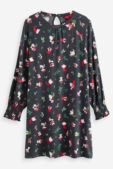 Buy Navy Graphic Long Sleeve Novelty Christmas Swing Dress from