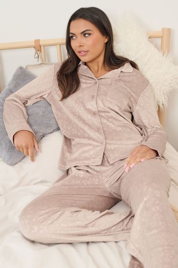 Buy Loungeable Brown Velour Long Sleeve Buttoned Pyjamas from Next USA