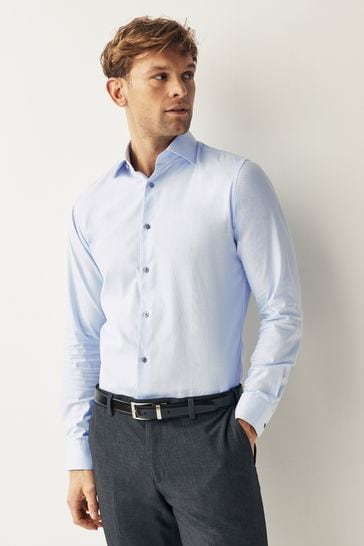 Light Blue Slim Fit Single Cuff Textured Cotton Shirt