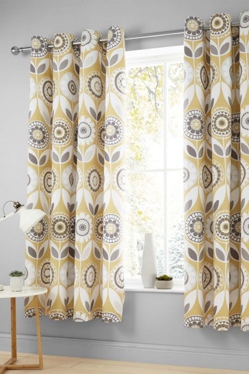 Catherine Lansfield Yellow Annika Retro Floral Lined Eyelet Curtains