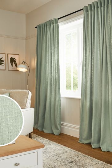 Sage Green Washed Cotton Linen Hidden Tab Top Lined Curtains