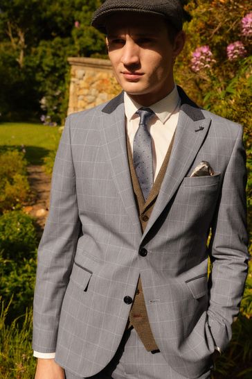 Taupe Brown Slim Fit Trimmed Check Suit Jacket