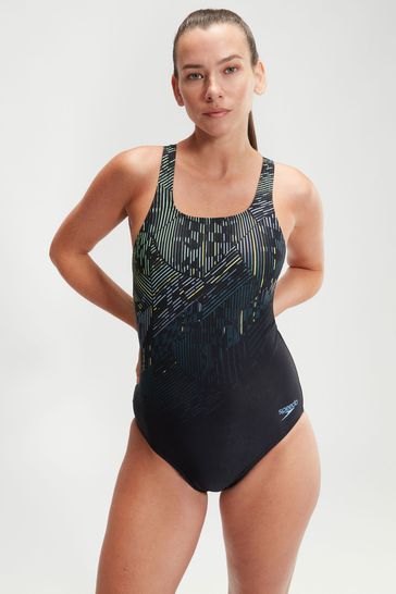 Speedo Black Womens Digital Printed Medalist 1 Piece Swimsuit