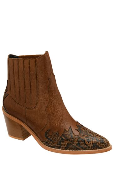 Ravel Brown Leather Block Heel Western Ankle Boots