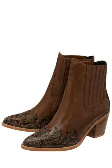 Ravel Brown Leather Block Heel Western Ankle Boots