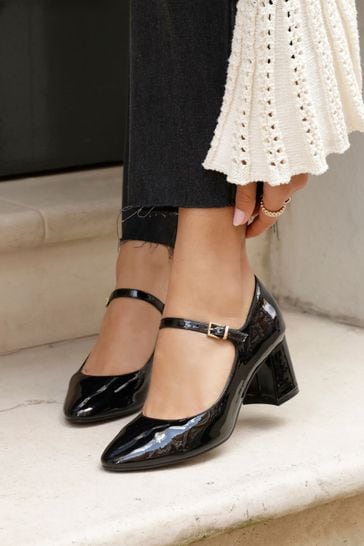 Linzi Black Patent Madeline Court Heel with Block Heels