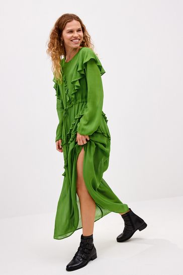 Buy Preen Green Ruffle Tie Waist Long Sleeve Midi Dress from Next Luxembourg