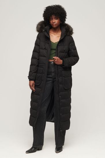 Superdry Black Faux Fur Hooded Parka Longline Coat