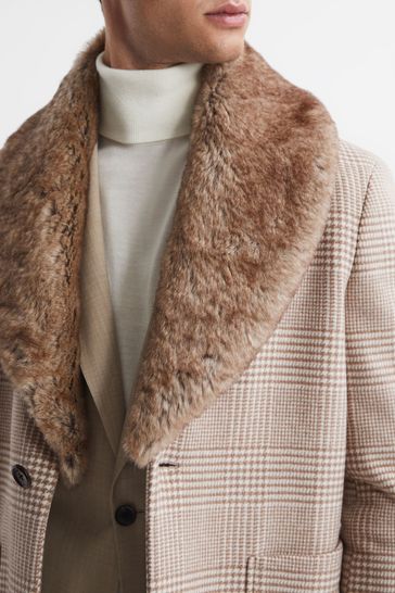 Mens plaid coat with fur collar 2025
