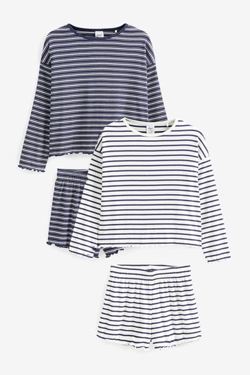 Navy Blue/White Stripe Rib Short Pyjamas 2 Pack (3-16yrs)