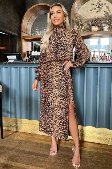 Buy AX Paris Natural Animal Print High Neck Long Sleeve Midi Dress from Next Luxembourg