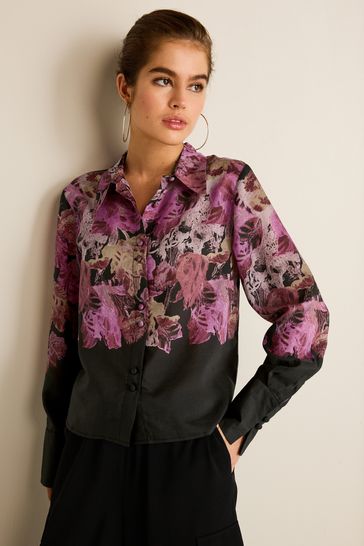 Purple/Black Floral Placement Sheer Placement Print Long Sleeve Shirt