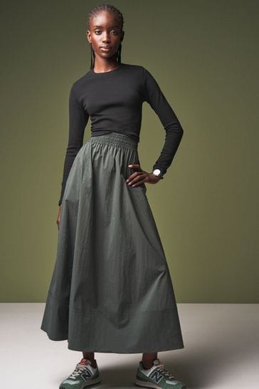 Khaki Green Poplin Midi Shirred Waist Skirt