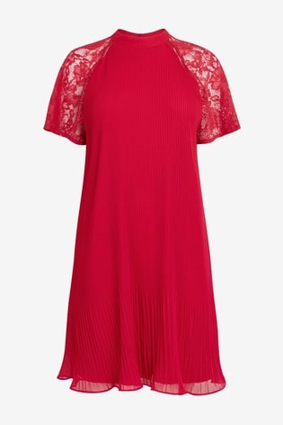 Red Lace Insert Pleat Dress