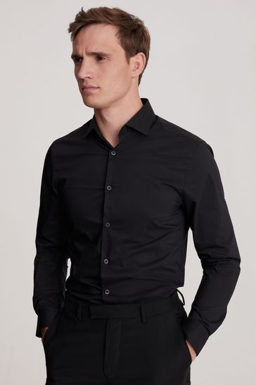 MOSS Skinny Fit Black Single Cuff Stretch Shirt