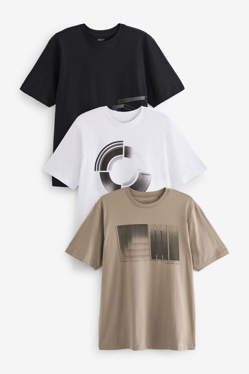 Black/White/Mushroom Shapes Print T-Shirt 3 Pack