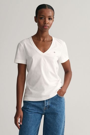 GANT White Shield Logo V-Neck T-Shirt