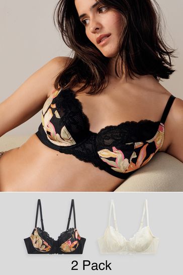 Black Floral Print/Cream Non Pad Full Cup Bras 2 Pack