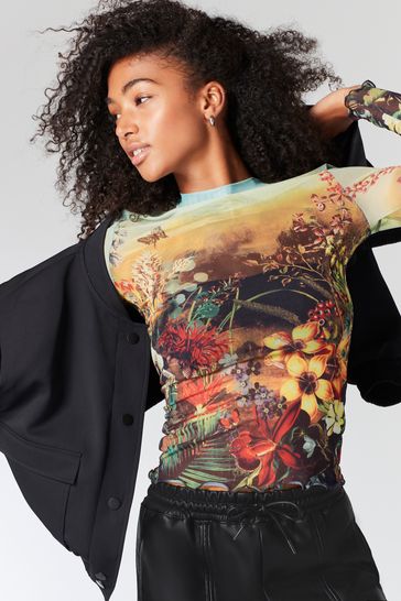 Buy Green Floral Garden Long Sleeve Mesh Top from Next Ireland