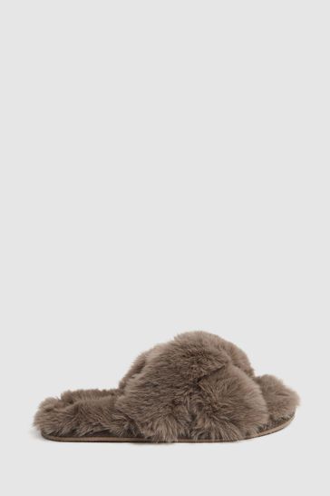 Reiss Grey Aspen Faux Fur Slippers