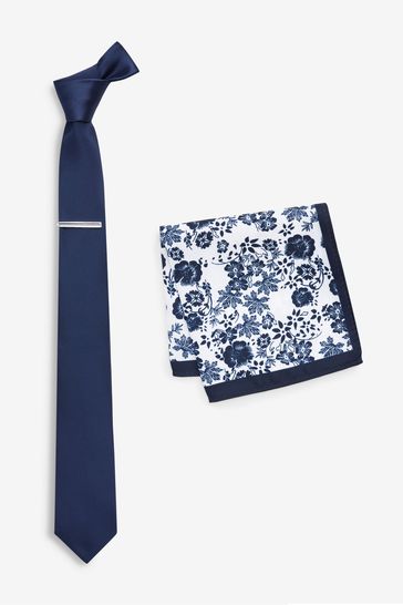 MOSS Navy Floral Tie, Pocket Square and Tie Bar Set