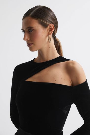 Buy Reiss Black Adele Petite Velvet Off The Shoulder Jumpsuit from