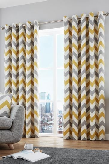 Fusion Ochre Yellow Chevron Geo Lined Eyelet Curtains