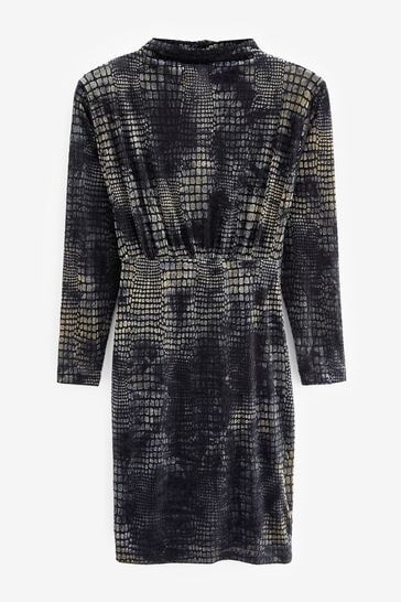 Buy Grey Snake Print Devore Open Back Long Sleeve Mini Dress from