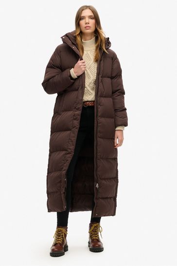 Superdry Brown Maxi Hooded Puffer Coat