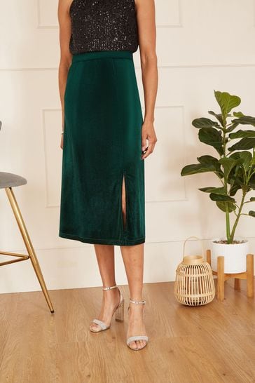 Yumi Green Velvet Skirt With Front Slit