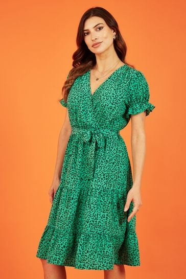 Mela Green Animal Print Midi Wrap Dress With Ruffle Sleeves
