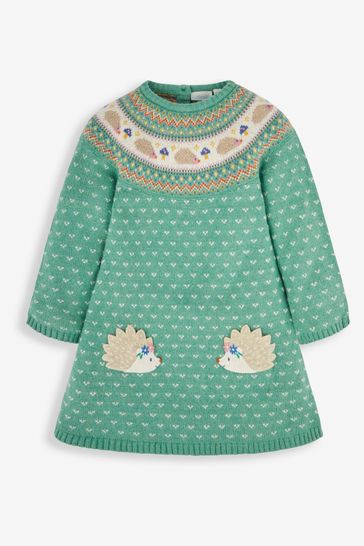 JoJo Maman Bébé Green Hedgehog Girls' Fair Isle Knitted Dress