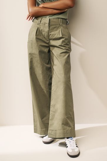 Khaki Green Pleat Front Wide Leg Chino Trousers