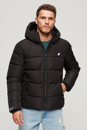 Buy Superdry Black Hooded Mens Sports Puffer Jacket from Next Luxembourg