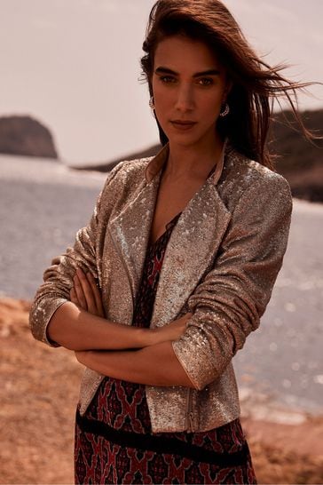 Mint Velvet White Pale Sequin Biker Jacket