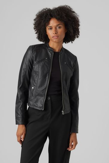 VERO MODA Black Collarless Faux Leather Biker Jacket