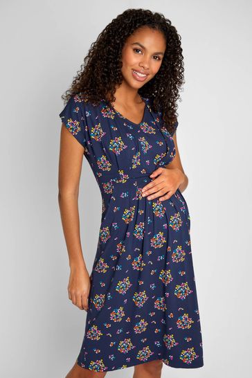 JoJo Maman Bébé Navy Blue Floral Floral Pleated Maternity & Nursing Tunic Dress