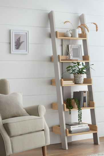 Narrow wooden ladder outlet shelf