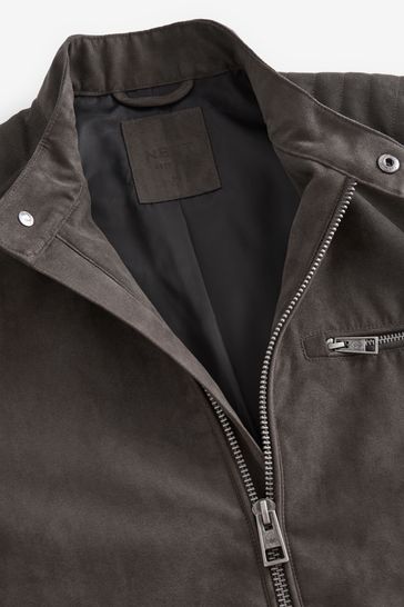 Grey faux suede fur trim biker jacket discount