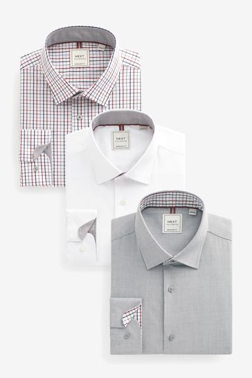 Pack de 3 camisas gris/blanco/de cuadros de corte estándar antiarrugas con puño sencillo