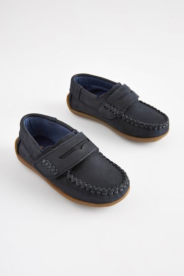 Navy Wide Fit (G) Leather Penny Loafers with Touch and Close Fastening