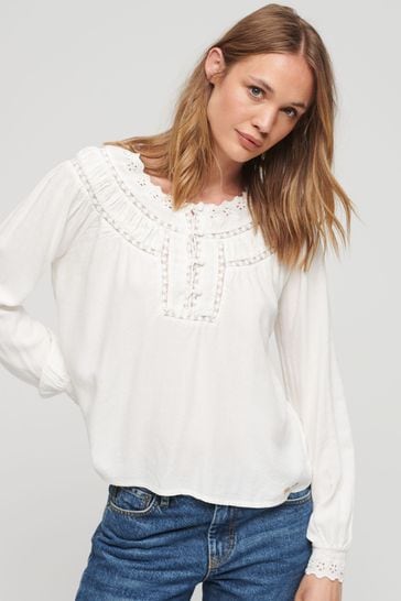 Superdry Cream Lace Trim Woven Top