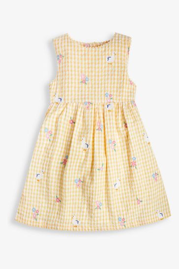 JoJo Maman Bébé Yellow Gingham Duck Floral Embroidered Dress