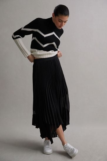 Reiss Black Dina Pleated Layered Asymmetric Midi Skirt