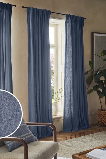 Blue Washed Cotton Linen Hidden Tab Top Lined Curtains