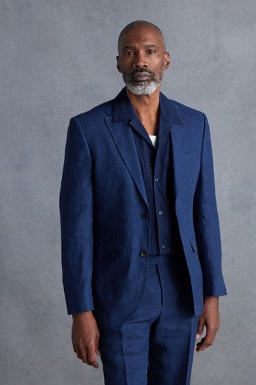 Blue Slim Fit Signature Leomaster Linen Suit: Jacket